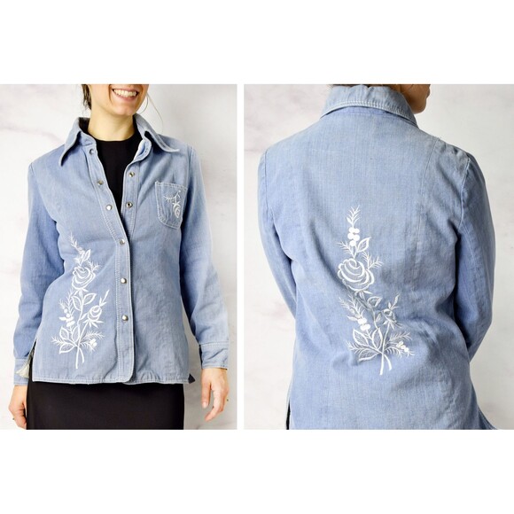 1970s Embroidered Denim Jacket Size Small - Medium 70s Snap Front Jean Jacket - Picture 1 of 6